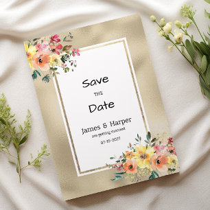 Invitación Elegante oro rosa naranja menta floral Save the Da