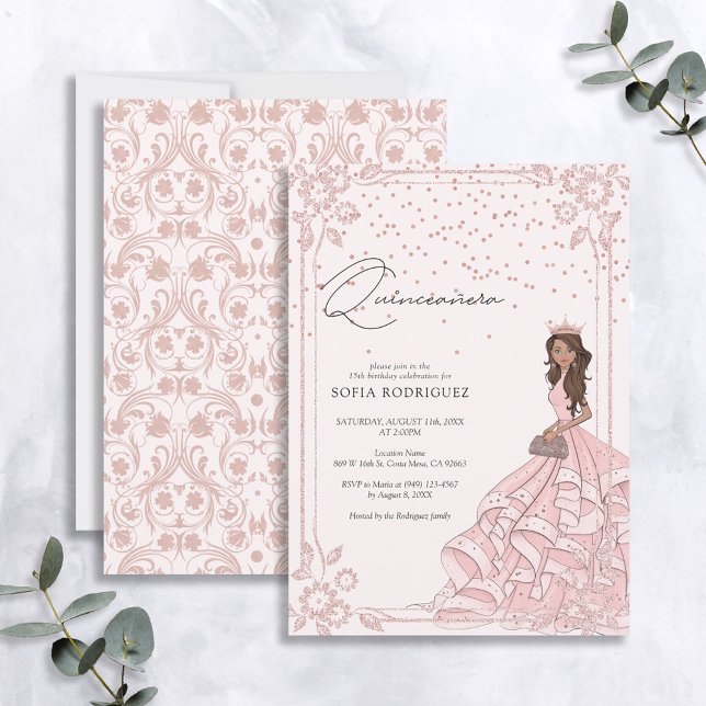 Invitación Elegante Oro Rosa Rosa Dorado Floral Quinceanera C (Subido por el creador)