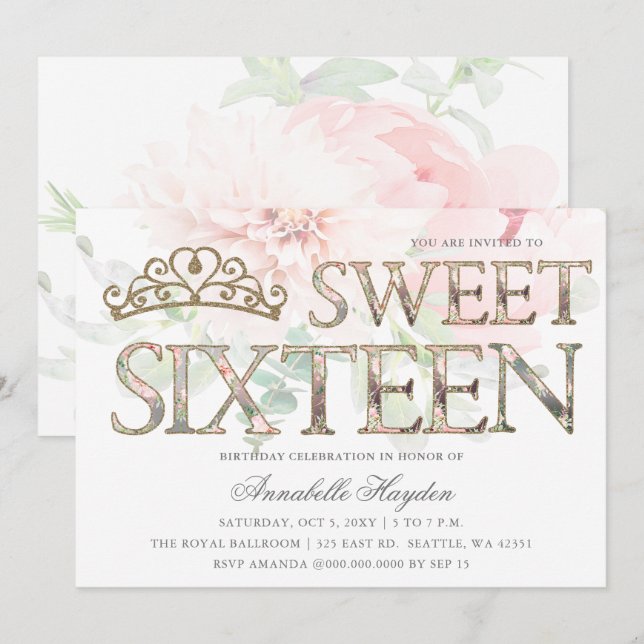 Invitación Elegante Oro Rosa Tiara Dulce Floral 16 (Anverso / Reverso)