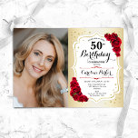 Invitación Elegante Oro Roses Rojas Blancas Foto 50 cumpleaño<br><div class="desc">Elegante invitación de 50 años floral femenina con tu foto. Diseño de vidrio con oro falso. Cuenta con rosas rojas, fuente de guión y confiti. Perfecto para un elegante fiesta de celebración de cumpleaños. Personaliza con tus propios detalles. ¡Se puede personalizar para cualquier edad! Invitaciones Zazzle impresas o una plantilla...</div>