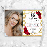Invitación Elegante Oro Roses Rojas Blancas Foto 50 cumpleaño<br><div class="desc">Elegante invitación de 50 años floral femenina con tu foto. Glam, diseño blanco y rojo con falso oro purpurina. Presenta rayas, rosas rojas, letra de guión y confeti. Perfecto para un elegante fiesta de celebración de cumpleaños. Personaliza con tus propios detalles. ¡Se puede personalizar para cualquier edad! Invitaciones Zazzle impresas...</div>