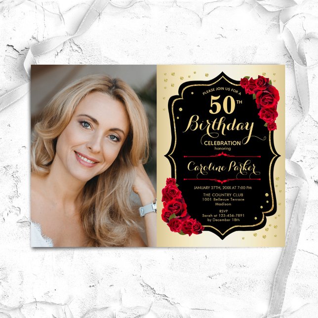 Invitación Elegante Oro Roses Rojas Negras Foto 50 cumpleaños (Subido por el creador)