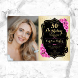Invitación Elegante Oro Roses rosados Negros Foto 50 cumpleañ<br><div class="desc">Elegante invitación de 50 años floral femenina con tu foto. Diseño de vidrio con oro falso. Presenta rosas rosas rosas rosas rosas, tipo de letra de guión y confeti. Perfecto para un elegante fiesta de celebración de cumpleaños. Personaliza con tus propios detalles. ¡Se puede personalizar para cualquier edad! Invitaciones Zazzle...</div>