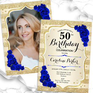 Invitación Elegante oro Royal Blue Photo 50 cumpleaños