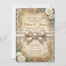 Elegante oro rústico encaje marfil rosa perla lazo