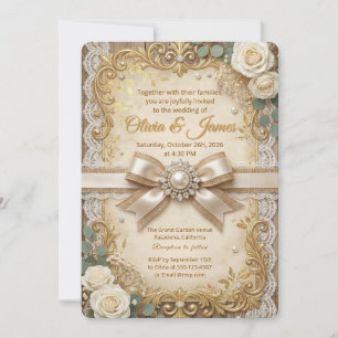 Invitación Elegante oro rústico encaje marfil rosa perla lazo