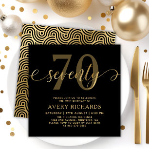 Invitación Elegante oro Setenta Script Negro 70 cumpleaños en