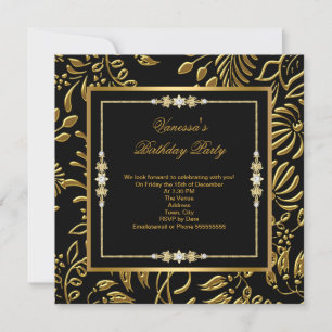 Invitación Elegante oro sobre fiesta de cumpleaños floral dam
