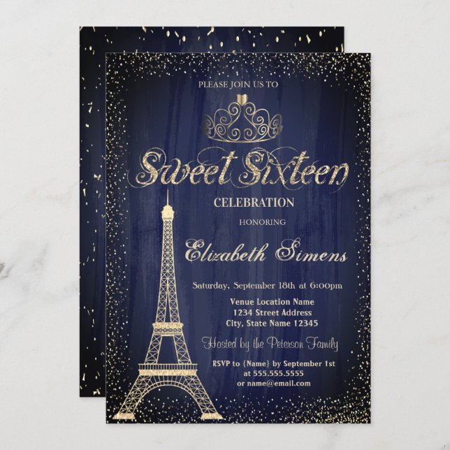 Invitación Elegante Oro Tiara Confetti Eiffel Toalla Dulce 16 (Anverso / Reverso)