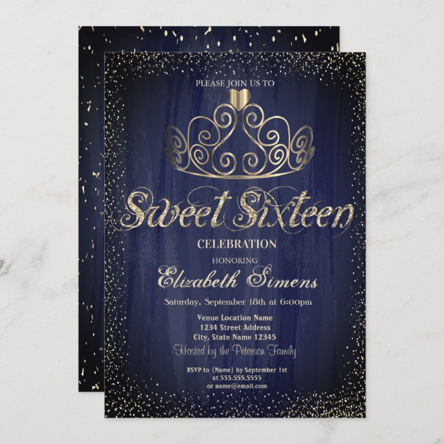Invitación Elegante oro Tiara Confetti Princesa Dulce 16 (Anverso / Reverso)