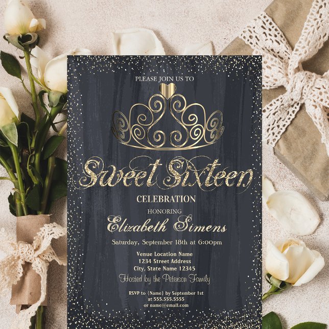 Invitación Elegante oro Tiara Confetti Princesa Dulce 16 (Subido por el creador)