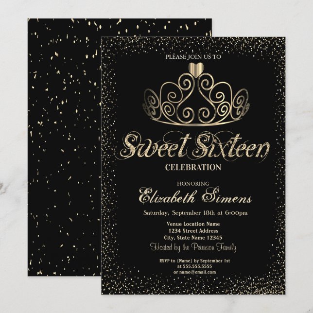 Invitación Elegante oro Tiara Confetti Sweet 16 (Anverso / Reverso)