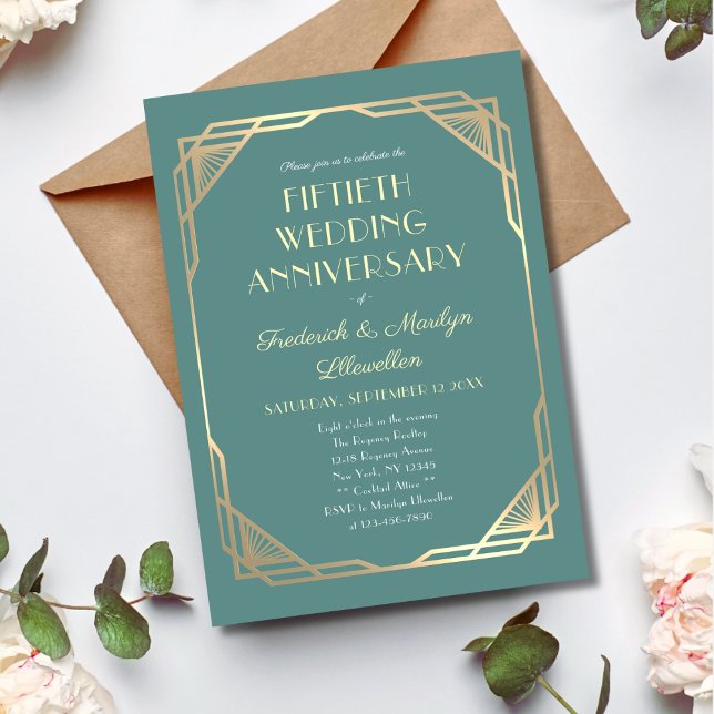 Invitación Elegante oro Verde azulado 50º aniversario de Boda (Subido por el creador)