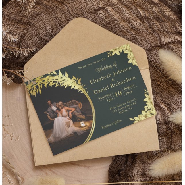 Invitación Elegante Oro, Verde Con Lilies Boda De Fotografía (Subido por el creador)