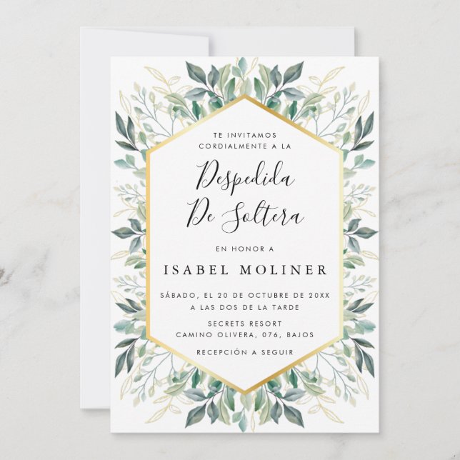 Invitación Elegante Oro Verde Deja Ducha Bridal Española (Anverso)