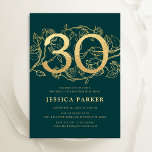 Invitación Elegante oro verde esmeralda 30 cumpleaños<br><div class="desc">Elegante invitación a la fiesta de cumpleaños número 30 de oro verde esmeralda. Diseño femenino moderno de personalizable con acentos botánicos rosas y oro falso purpurina. Sencilla tarjeta de invitación floral perfecta para una elegante celebración de cumpleaños femenina. Personaliza con tus propios detalles. Invitaciones Zazzle impresas o una plantilla imprimible...</div>