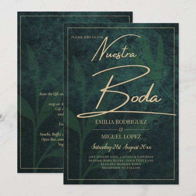 Invitación Elegante Oro Verde Español BODA Código QR RSVP (Anverso / Reverso)