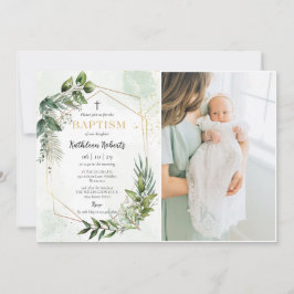 Invitación Elegante Oro Verde Floral Foliage Baptism Foto
