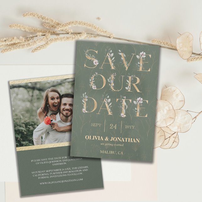 Invitación Elegante Oro verde sabio botánico salva la fecha (Save Our Date Sage Green Botanical Wedding Invite)