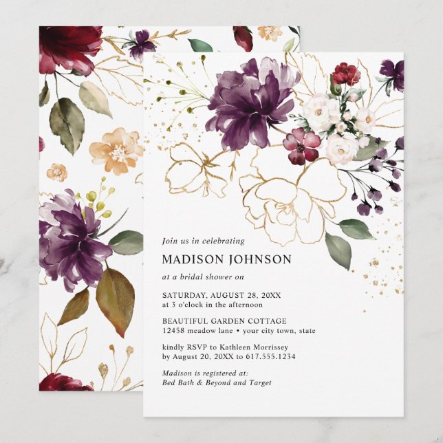 Invitación Elegante oro vino borgoña floral ducha nupcial (Anverso / Reverso)