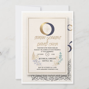 Invitación Elegante oro y celeste botánico celestial