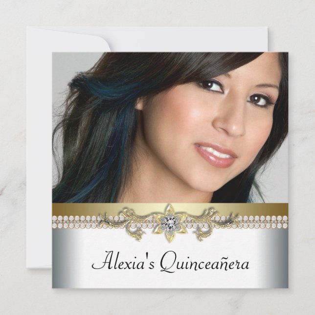 Invitación Elegante Oro y Foto Blanca Quinceanera (Anverso)
