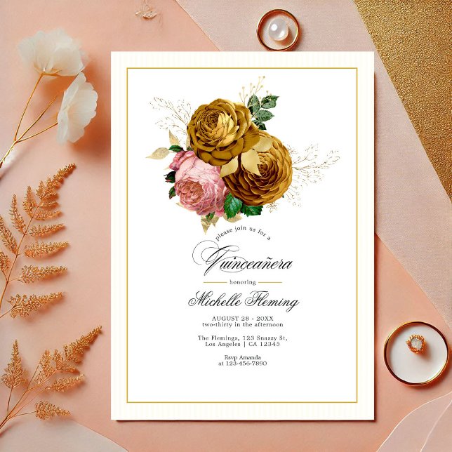 Invitación Elegante oro y foto floral de Rubor en Quinceañera (Elegant Gold and Blush Floral Quinceañera Photo Invitation)