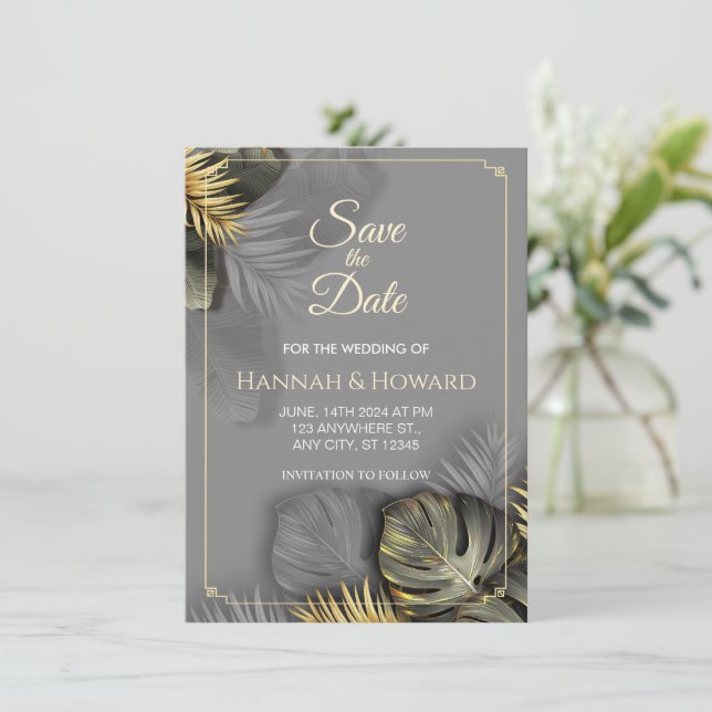 Invitación Elegante Oro y Gris Botánico, Tropical (Anverso de pie)