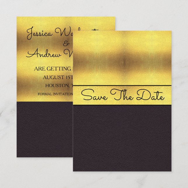 Invitación Elegante oro y negro, guarde la fecha (Anverso / Reverso)