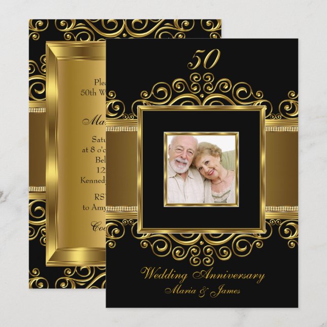 Invitación Elegante Oro y Negro Swirl Foto 50 Aniversario (Anverso / Reverso)