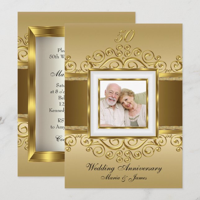 Invitación Elegante Oro y remolino de Perla Foto 50 Aniversar (Anverso / Reverso)