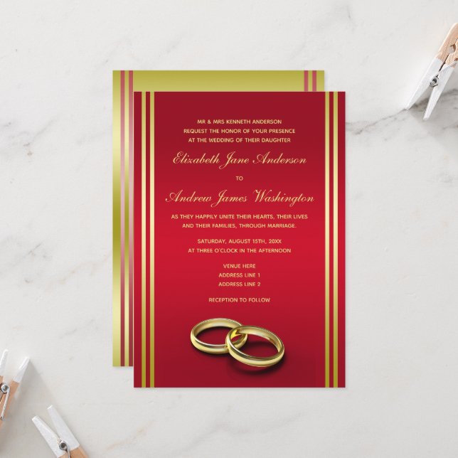 Invitación Elegante oro y rojo, Boda de anillos Bodas (Anverso/Reverso In Situ)