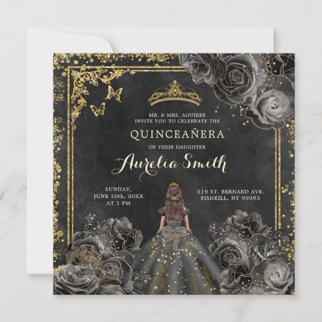 Invitación Elegante oro y rosas negras Princesa Quinceañera (Anverso)