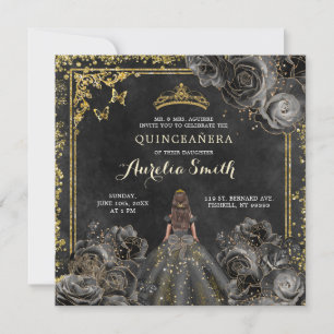 Invitación Elegante Oro y Rosas Negras Princesa Quinceañera