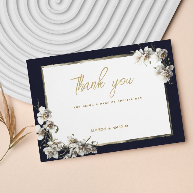 Invitación Elegante orquídea blanca dorada azul marino Gracia (Elegant navy blue gold white orchid Thank You )