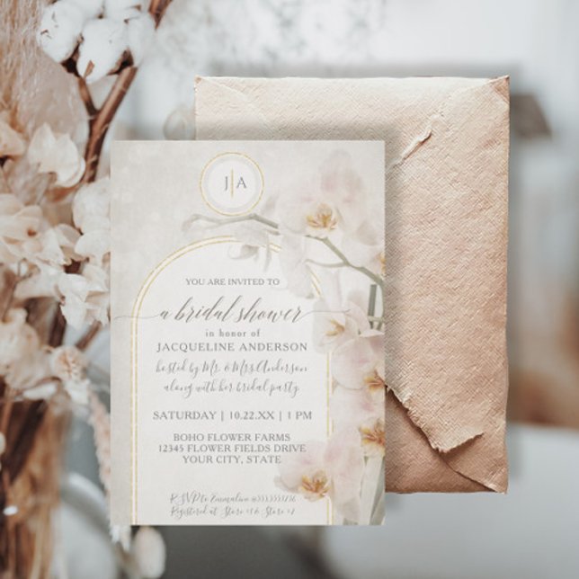 Invitación Elegante Orquídea Dorada Arco Monograma Ducha Noda (Subido por el creador)