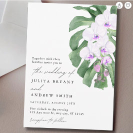 Invitación Elegante orquídea en hoja tropical con escritura p