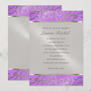 Invitación Elegante Orquídea Morada Plata Filigrana Bat Mitzv