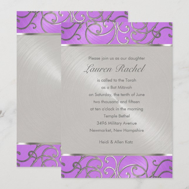 Invitación Elegante Orquídea Morada Plata Filigrana Bat Mitzv (Anverso / Reverso)