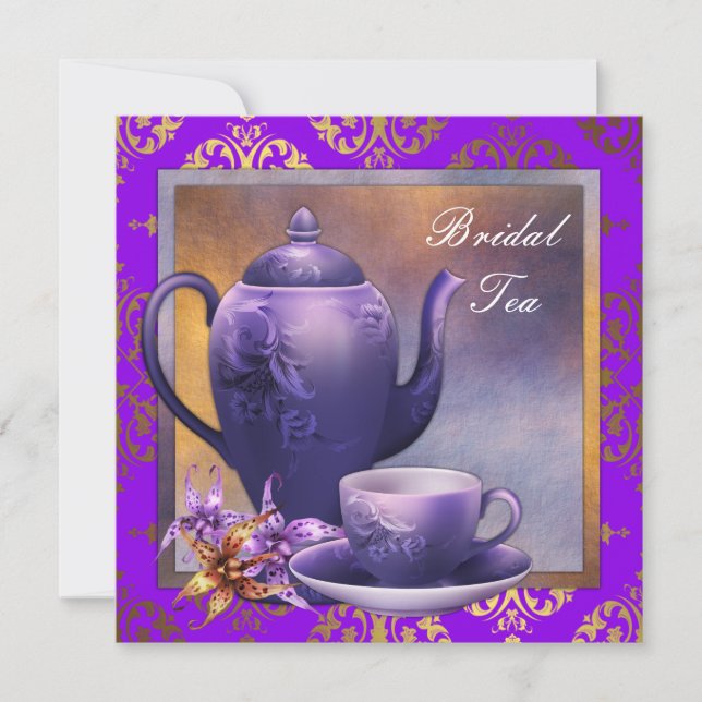 Invitación Elegante Orquídea Oro Morado Bridal Tea Fiesta (Anverso)