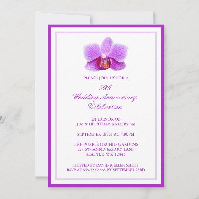 Invitación Elegante Orquídea Púrpura 50 Aniversario Boda (Anverso)