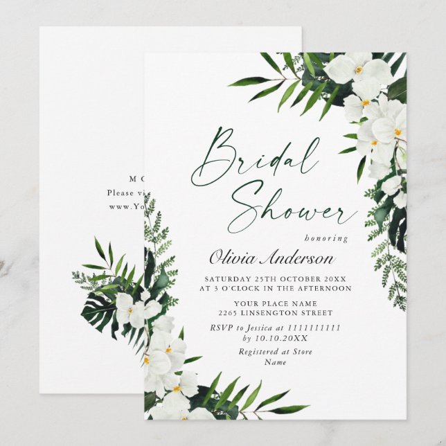 Invitación Elegante Orquídeas Blancas Ducha Bohemiana Bridal (Anverso / Reverso)