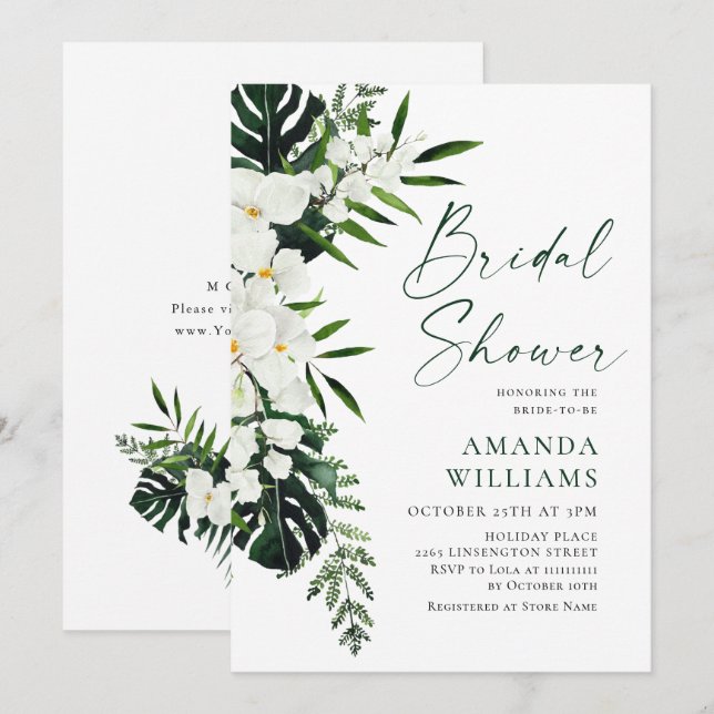 Invitación Elegante Orquídeas Blancas Ducha Bohemiana Bridal (Anverso / Reverso)