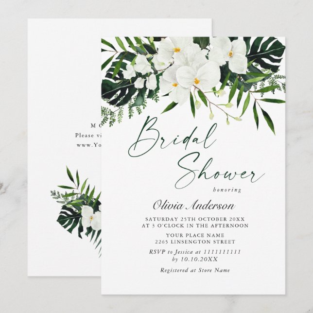 Invitación Elegante Orquídeas Blancas Ducha Bohemiana Bridal (Anverso / Reverso)