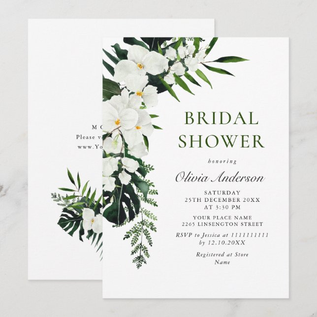 Invitación Elegante Orquídeas Blancas Ducha Bohemiana Bridal (Anverso / Reverso)
