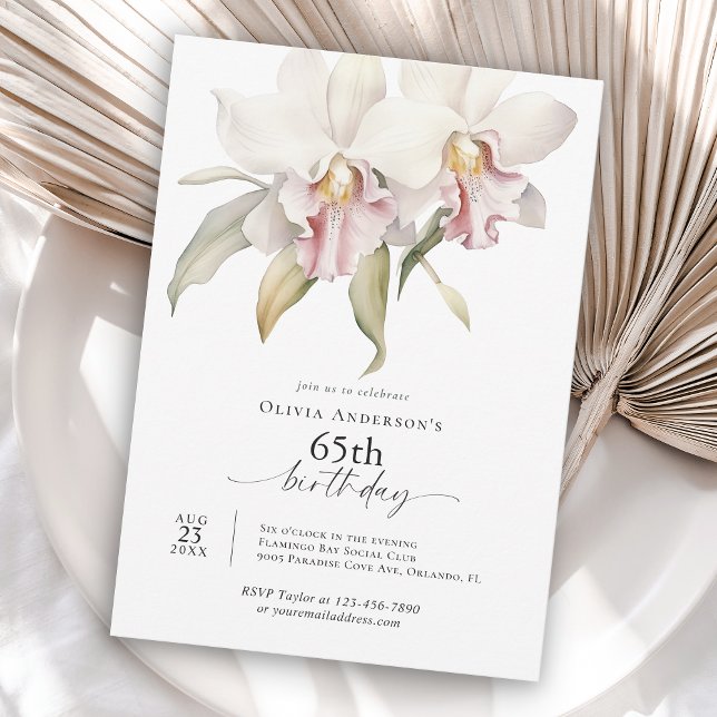 Invitación Elegante Orquídeas Blancas Floral 65º cumpleaños (Available as both printed and instant download digital formats.)