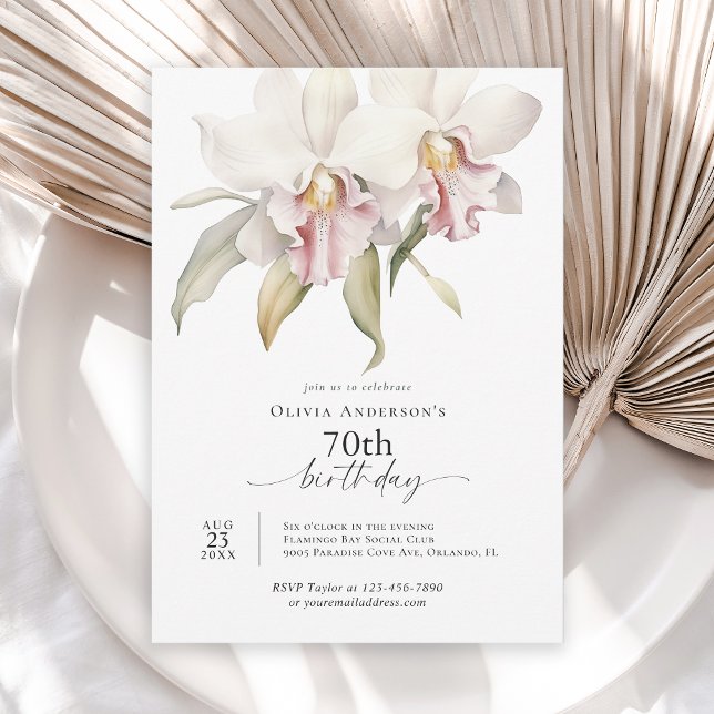 Invitación Elegante Orquídeas Blancas Floral 70 cumpleaños (Available in both printed and instant download digital formats.)