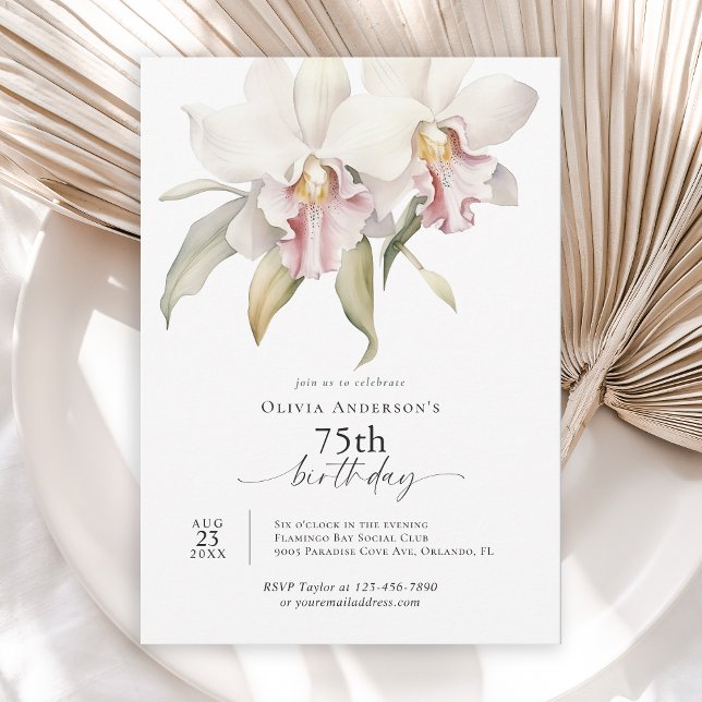 Invitación Elegante Orquídeas Blancas Floral 75 cumpleaños (Available in both printed and instant download digital formats.)