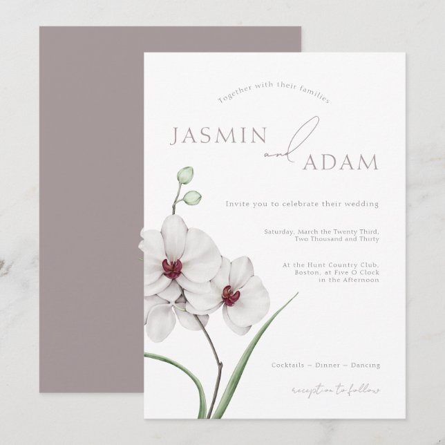 Invitación Elegante Orquídeas Blancas Gris Iniciales Boda Flo (Anverso / Reverso)