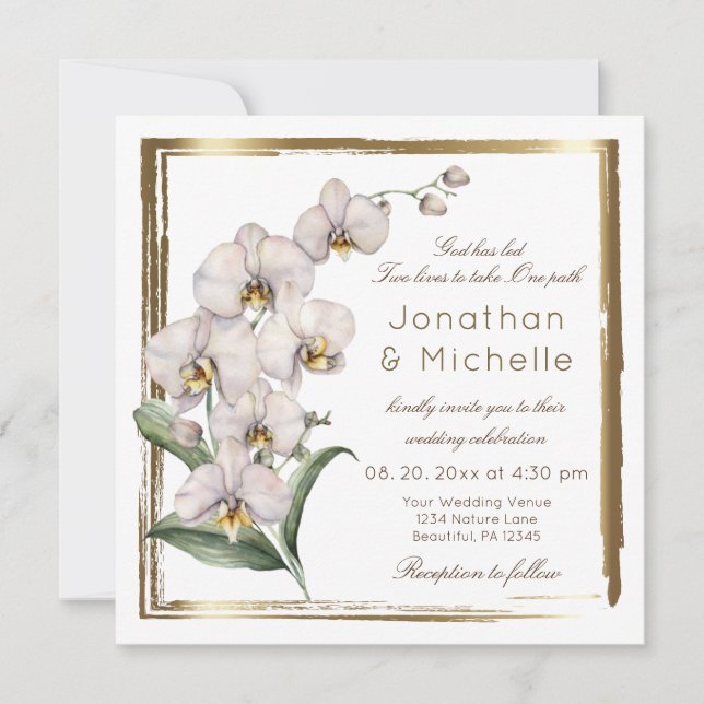 Invitación Elegante orquídeas blancas marco de oro Boda crist (Anverso)